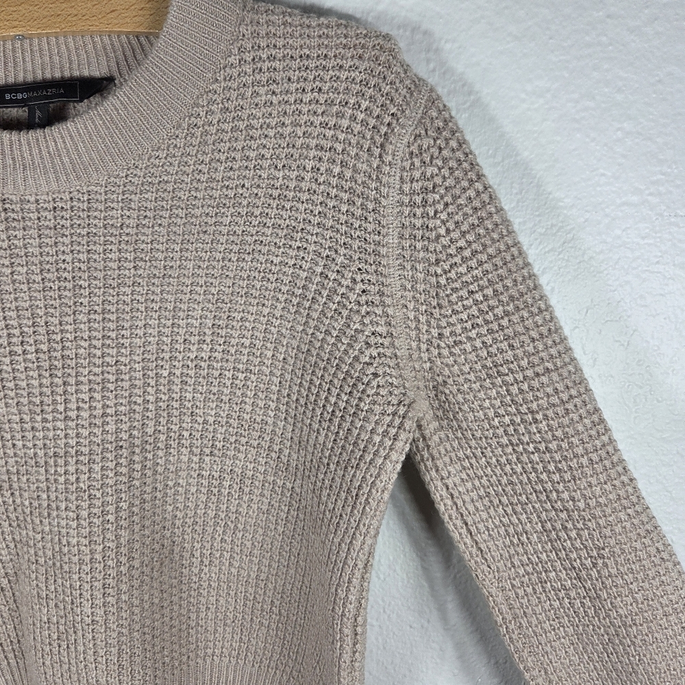 BCBG Maxazria Tan Waffle Knit Sweater M Long Sleeve Cropped Wool Cashmere - Picture 9 of 16